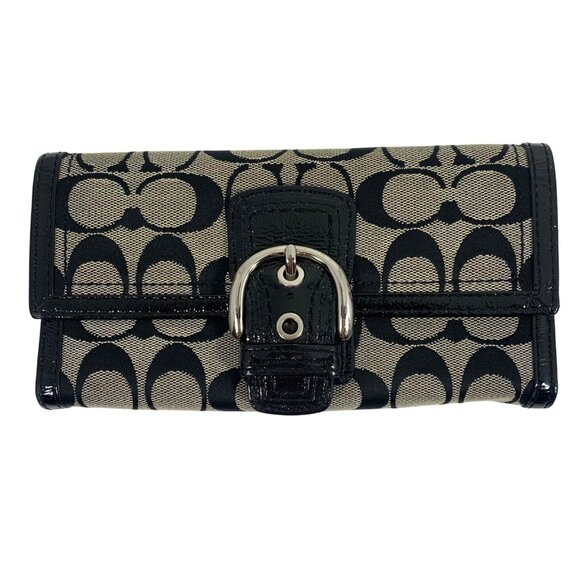 COACH Soho Signature Logo Canvas Envelope Wallet Buckle Snap Black Leather Trim - Picture 1 of 8